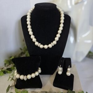 Elegant White Glass Pearl with Rhinestone Necklace Earrings and Bracelet Set